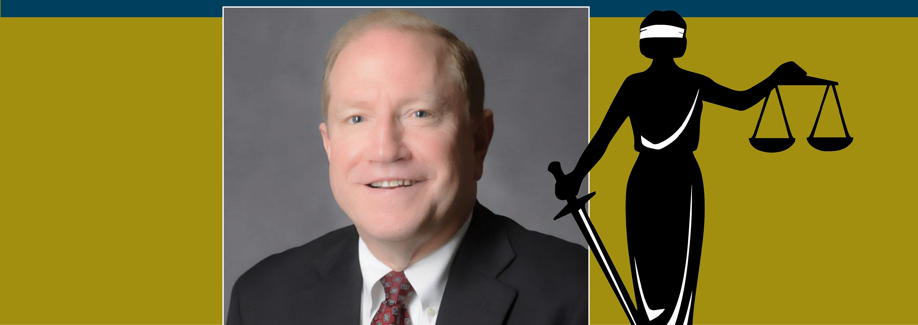 ABA President Bill Bay: Defending Justice & the Rule of Law Image - the speaker and illustration of the Justice stague