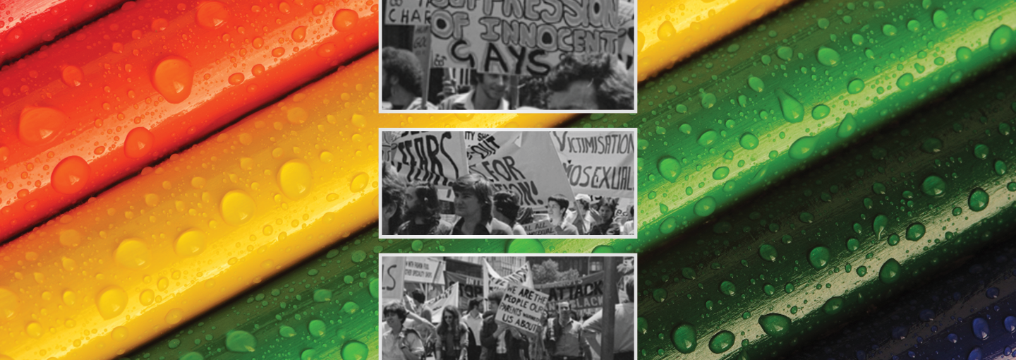 40 Years after the Defeat of the Briggs Initiative: Our Power in Speaking Up and Speaking Out Image - rainbow colors and LGBT protestors