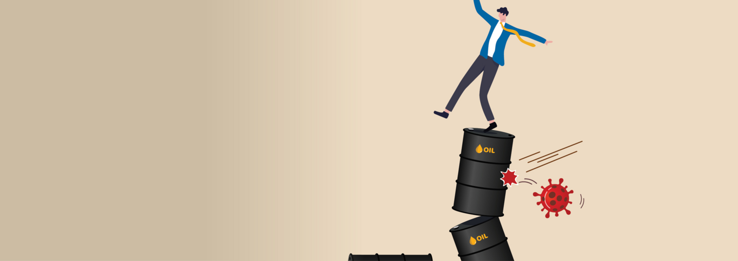 COVID-19 and Climate: The Future of Energy Image - illustration of person on oil barrels