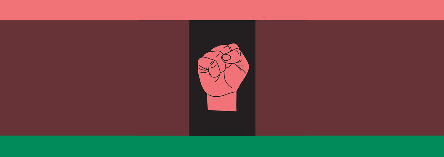 The Making of Latino Identity: An American Story Graphic - A fist against a dark background with a pink top border and a green bottom border