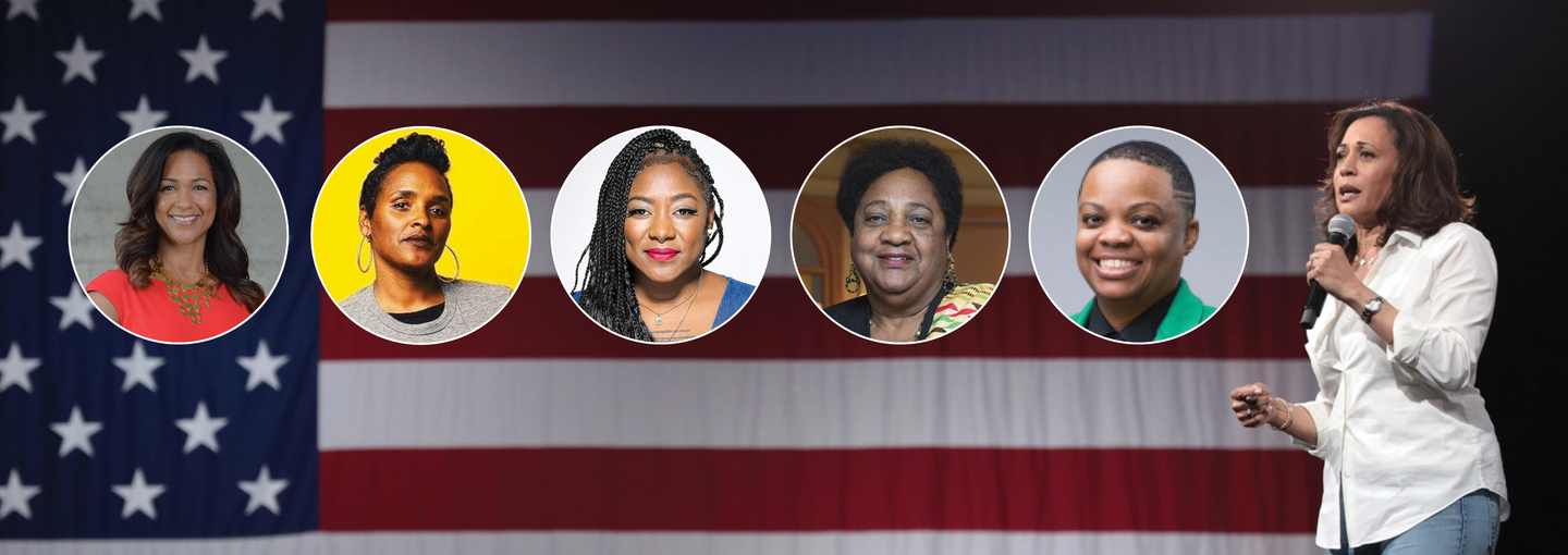 Keep the Seat: Who Should Succeed Senator Kamala Harris? Image - faces of panelists plus Kamala Harris
