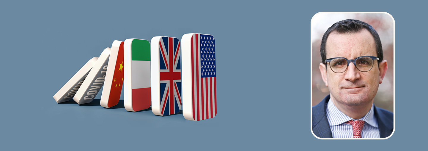 Thomas Wright: Pandemic Politics and the End of the Old International Order Image - author with flag-covered dominoes