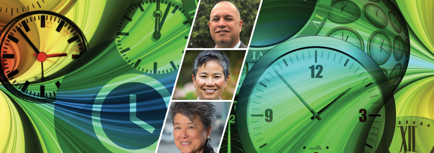 Queer Asians and Pacific Islanders: Our Future Determines Our Past Image - collection of clocks plus speaker faces
