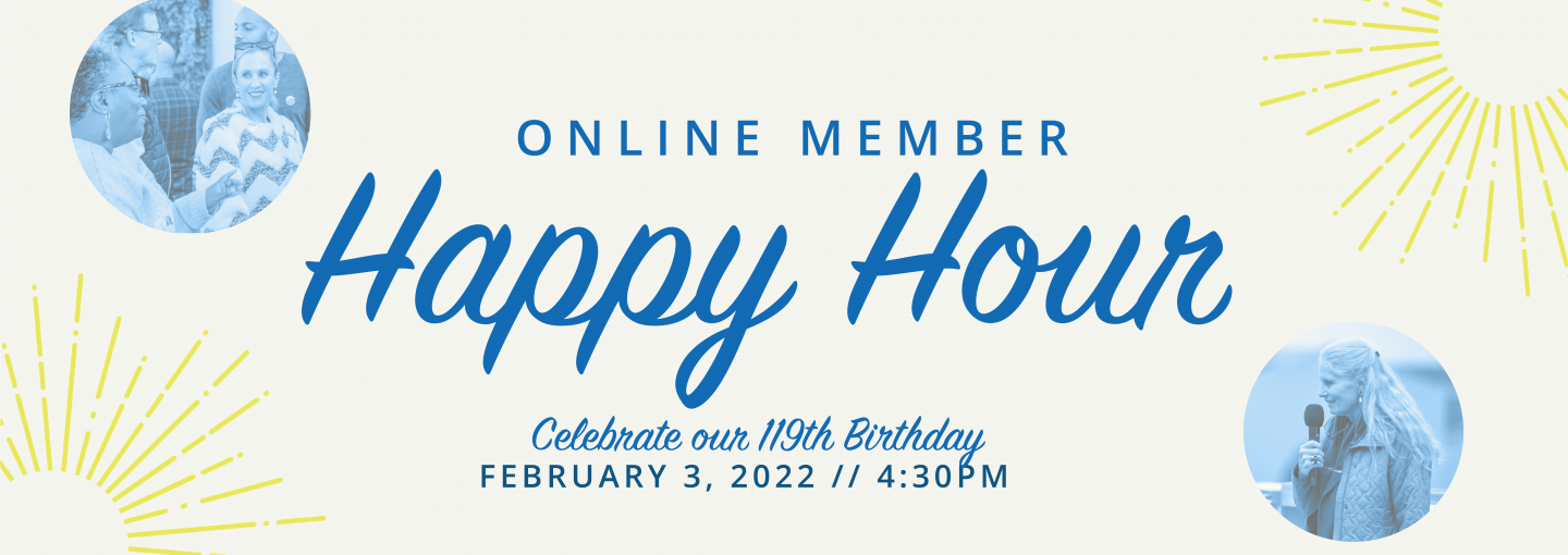 Online Member Happy Hour Image - program title plus photos of speakers and members