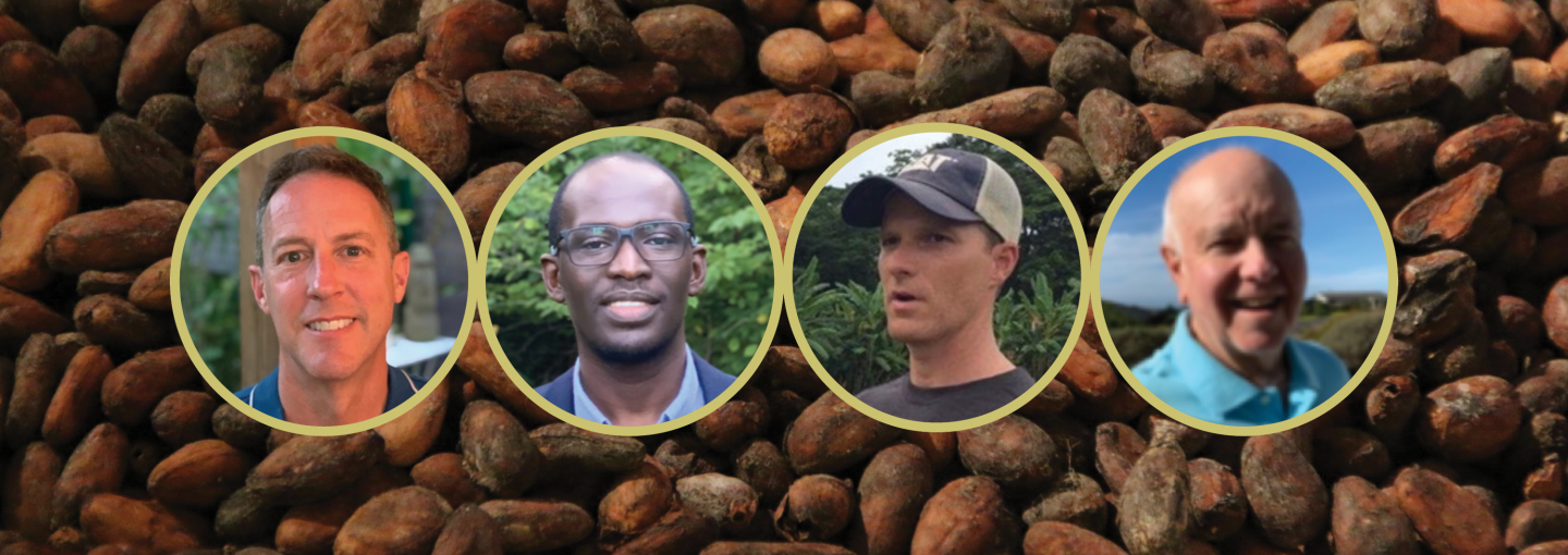 Chocolate and the Future Image - photos of speakers against background of cocoa beans