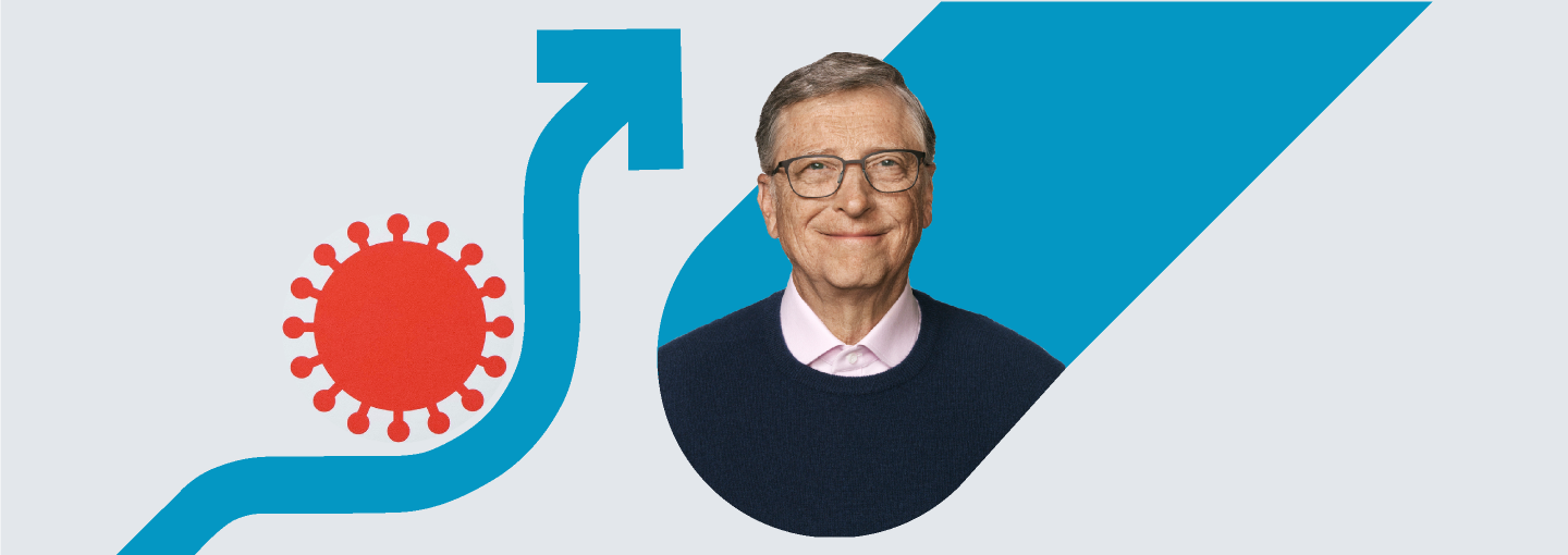 Bill Gates: How to Prevent the Next Pandemic Image - Bill Gates plus illustrations of COVID virus
