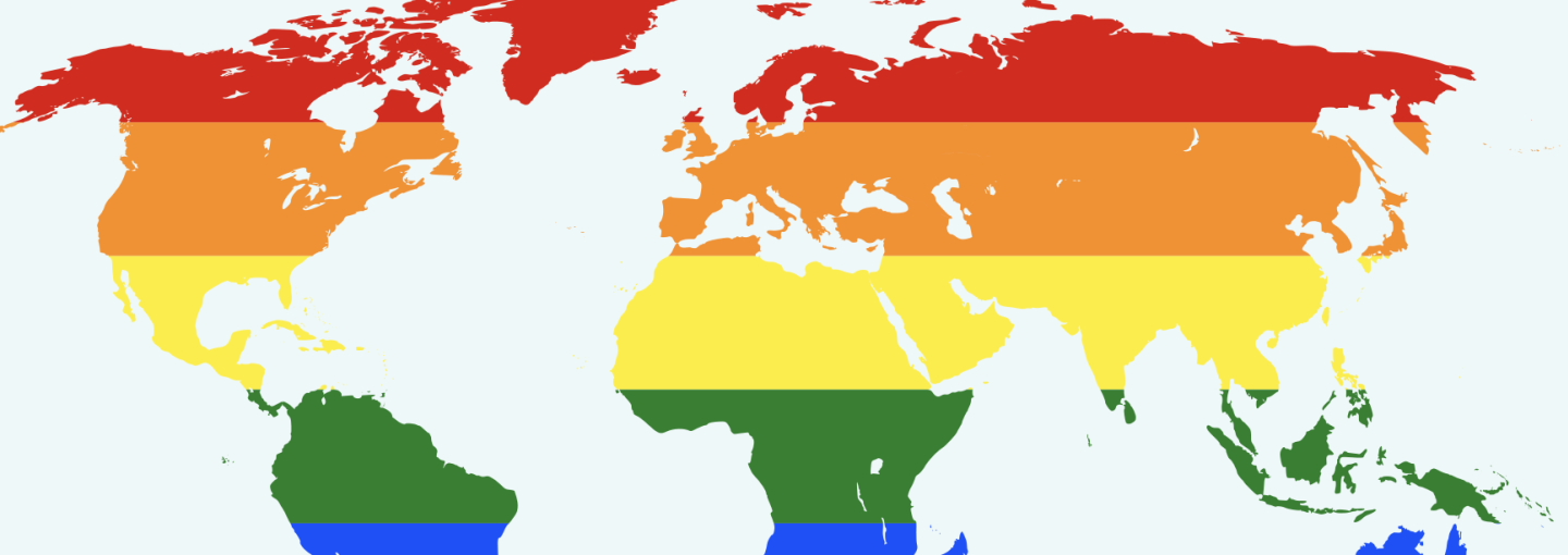 International LGBT Rights and LGBT Asylum Seekers Image - Global map with pride flag colors