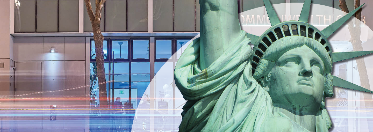 Week to Week Online Political Roundtable 3/19/20 Image - Statue of Liberty in front of Commonwealth Club building