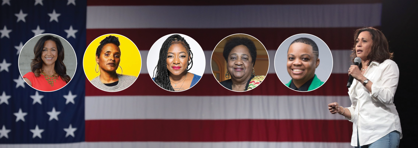 Keep the Seat: Who Should Succeed Senator Kamala Harris? Image - faces of panelists plus Kamala Harris