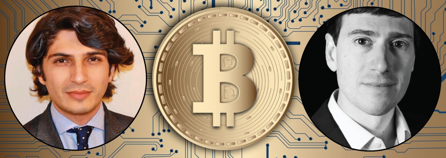 Image - Bitcoin symbol in front of computer circuitry, plus speakers faces