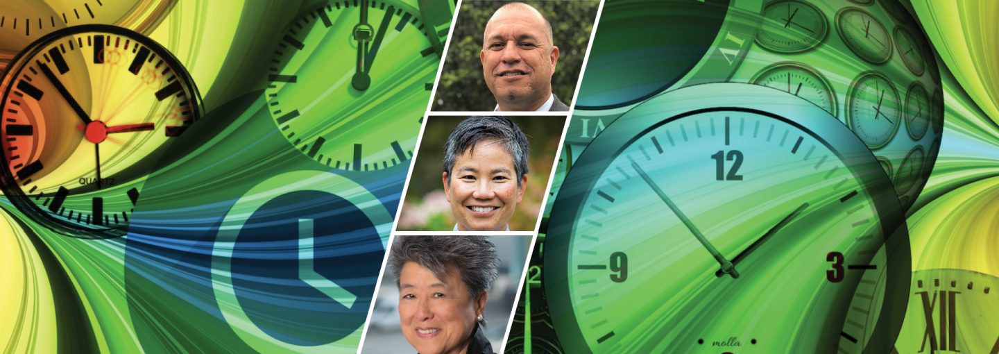 Queer Asians and Pacific Islanders: Our Future Determines Our Past Image - collection of clocks plus speaker faces