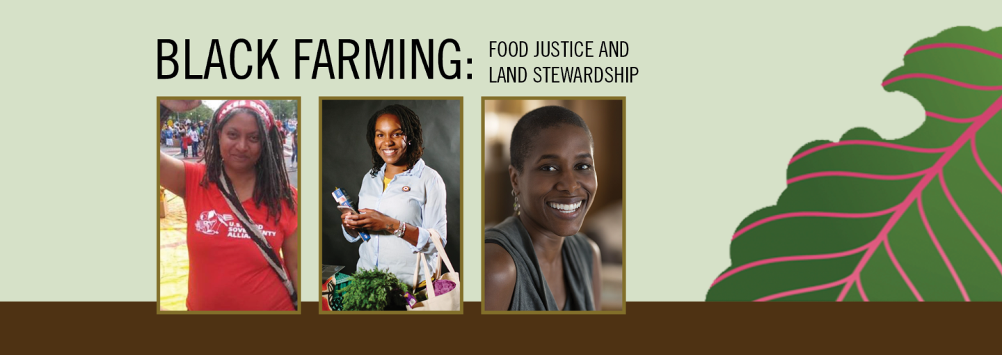Black Farming: Food Justice and Land Stewardship Image - illustration of leaf, photos of speakers, text of program title