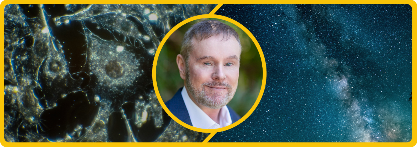Garry Nolan: Researching UFOs the Way We Research Cancer Image - speaker, plus cell and stars
