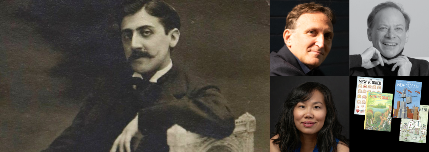 Humanities West Presents In Search of Marcel Proust Image - Marcel Proust and speakers and New Yorker covers