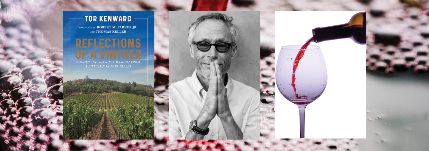 Tor Kenward: Reflections of a Vintner and Wine Tasting Image - Tor Kenward and his book cover and a wine pouring