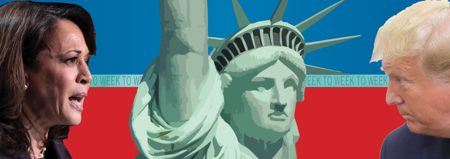 Week to Week Political Roundtable: September 19, 2024 Image - Statue of Liberty and Kamala Harris and Donald Trump