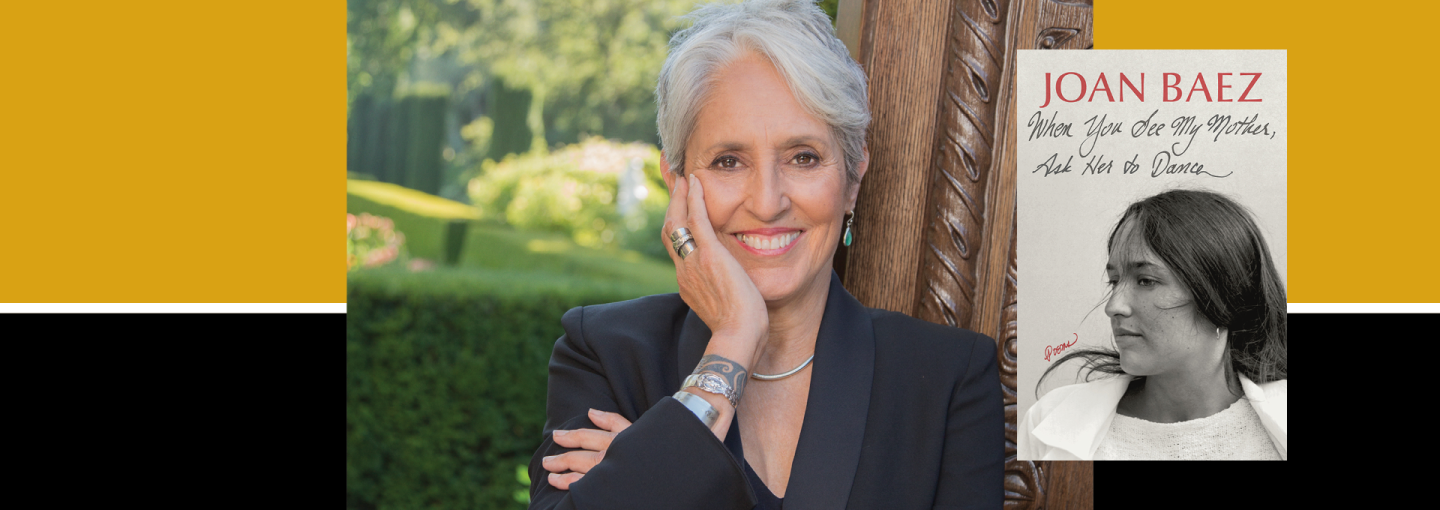 Joan Baez: Legendary Artist & Activist Image - the speaker and her book cover