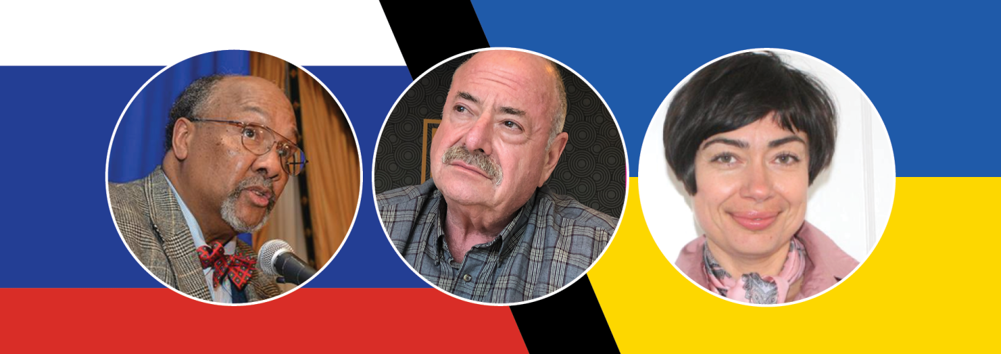 The 3rd Anniversary of the Russian Invasion of Ukraine: What’s Next? Image - the speakers and flags of Russia and Ukraine
