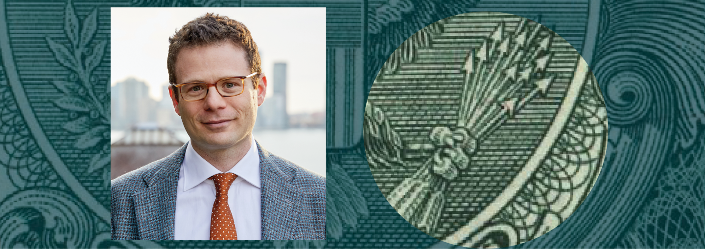 Edward Fishman: American Power in the Age of Economic Warfare Image - the speaker and closeup of a U.S. dollar bill