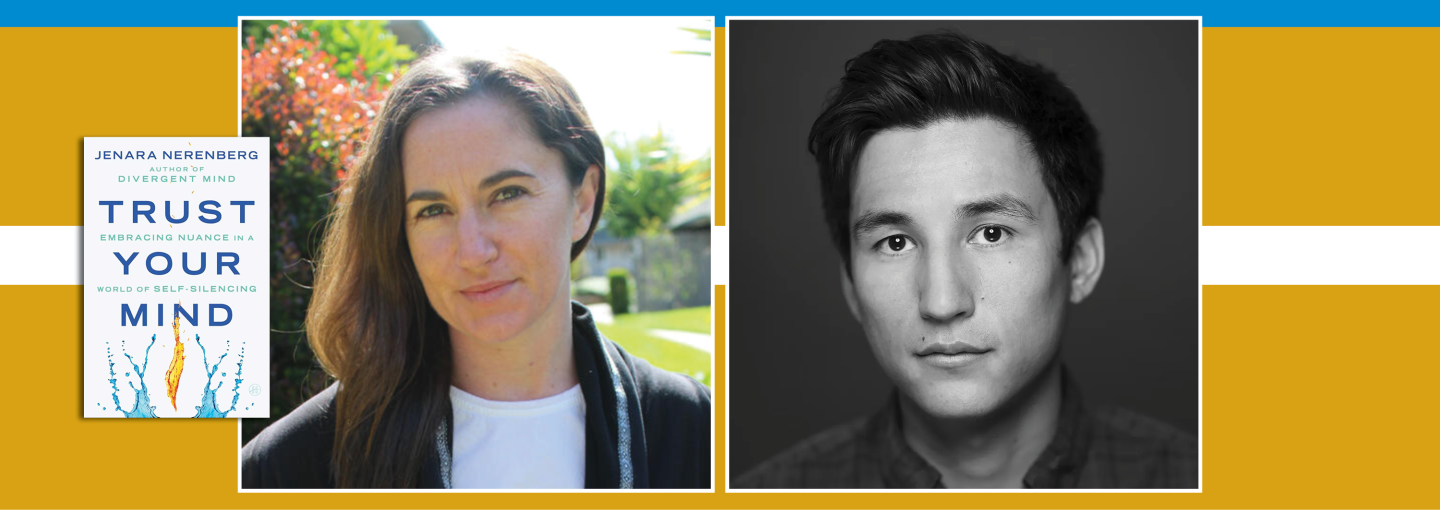 Jenara Nerenberg with Lee Fang: Nuance and Freethinking in a Distorted World of Self-Silencing Image - the speakers and a book cover