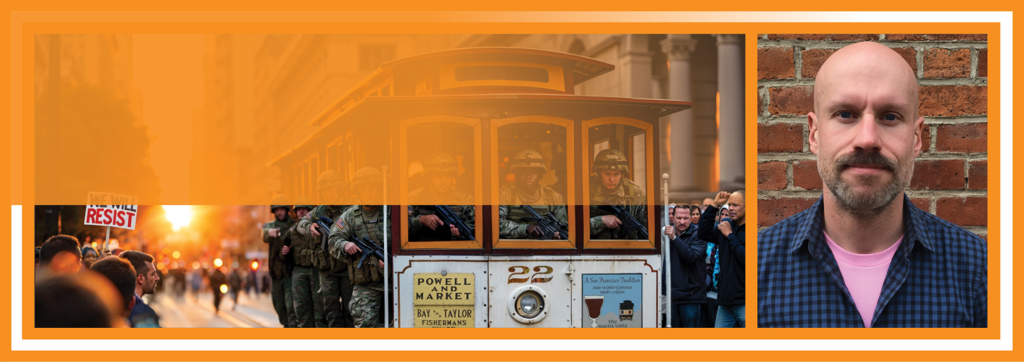 Image - the speaker and an AI illustration of troops on a cable car