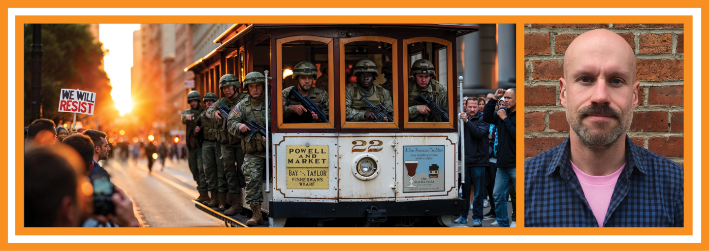 Image - AI illustration of troops on cable car, plus the speaker