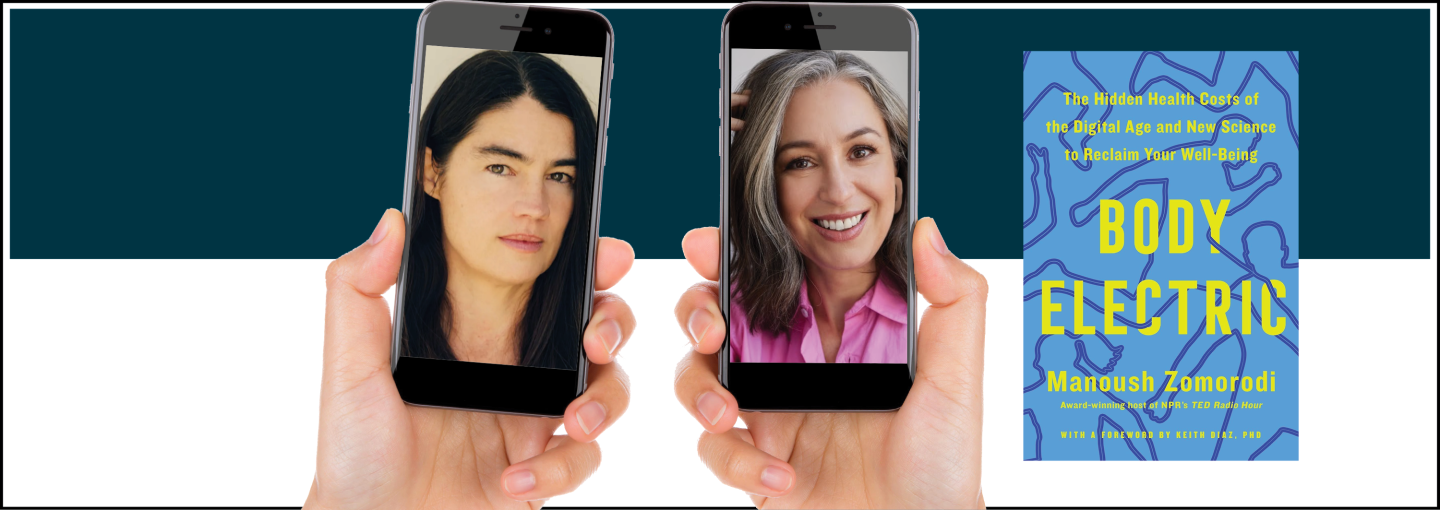 Image - the speakers and book cover and hands holding mobile phones