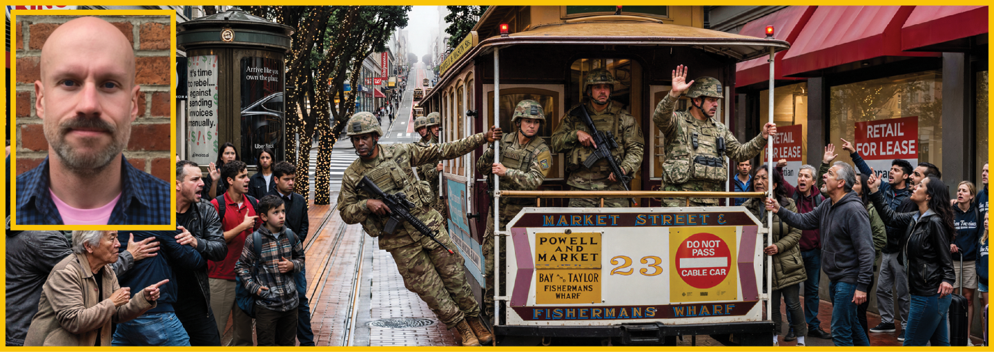 Image - the speaker and an AI generated image of troops on a San Francisco trolley