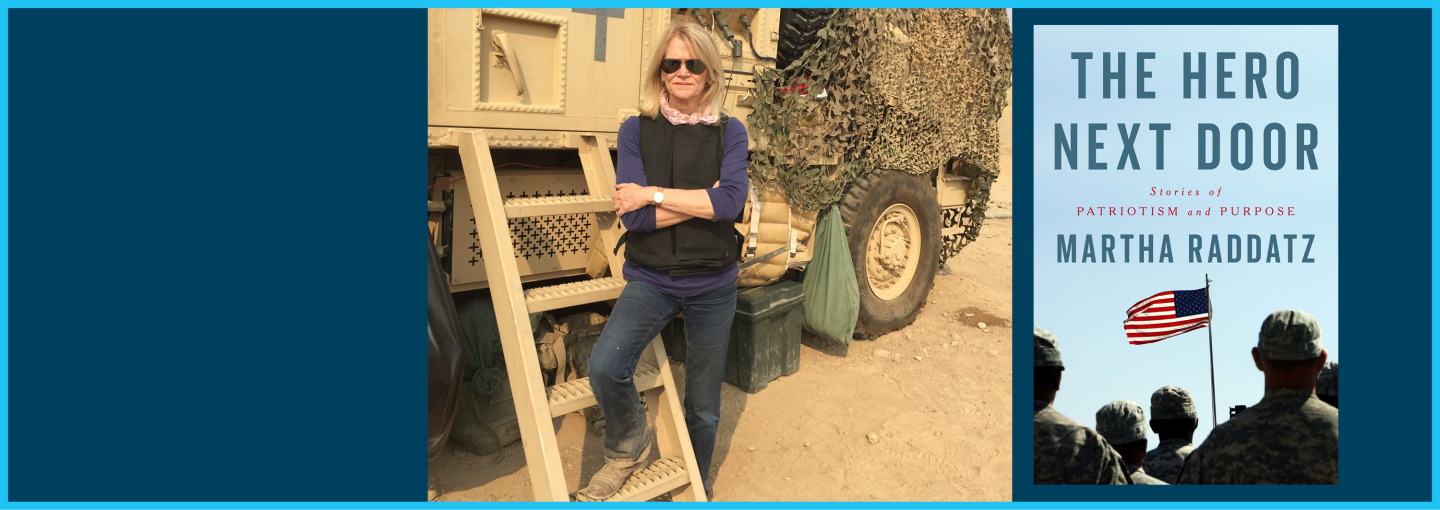 Image - the speaker next to a military vehicle plus her book cover