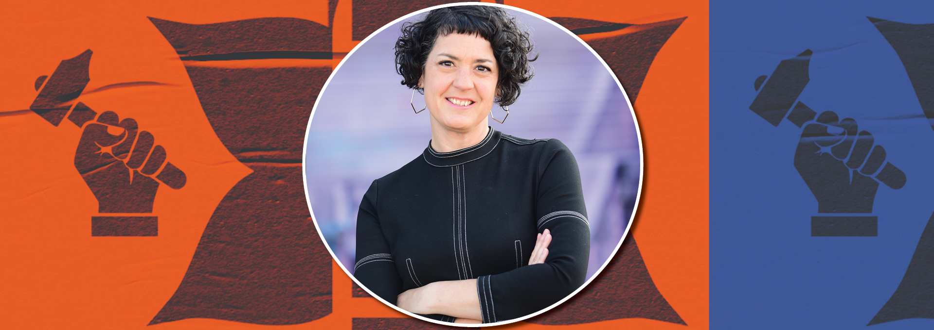 Image - author Laura Murphy against a background detail from her book cover