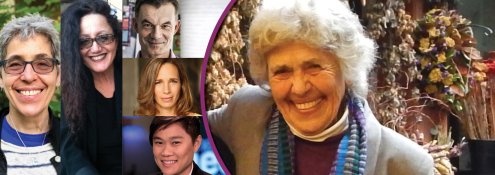 Image - faces of panelists plus Sally Gearhart's photo