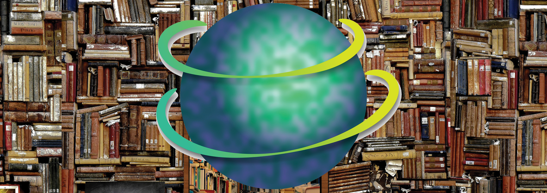 Image - illustration of planet in front of bookshelf laden with books