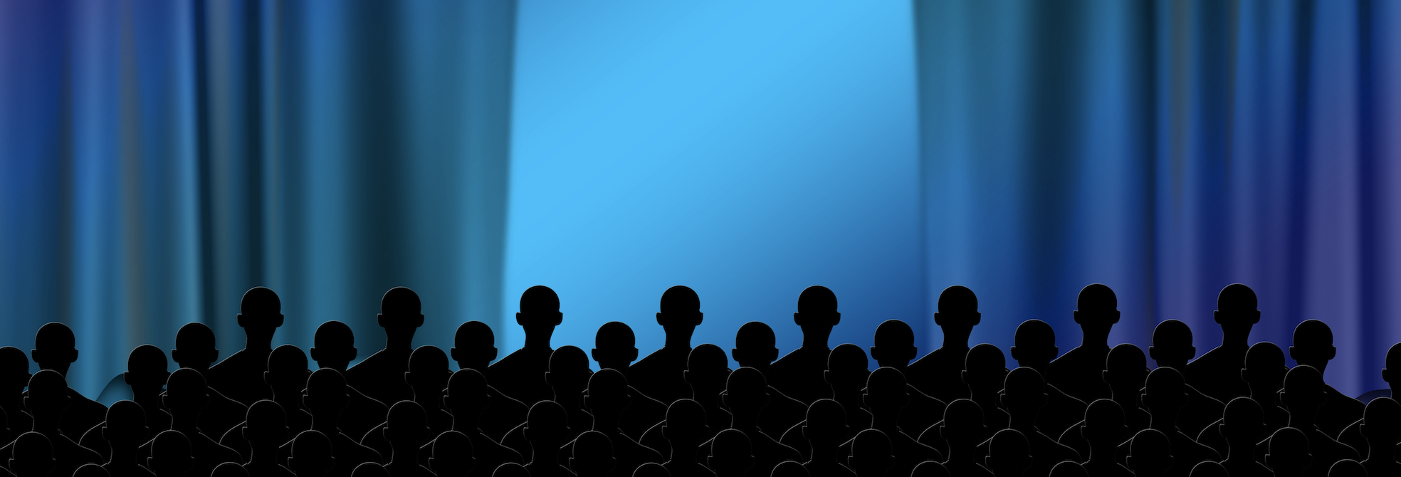 Image - rear view of audience members looking at stage curtains