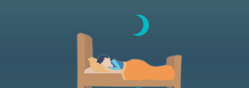 Image - illustration of sleeping person in bed, in front of background detail from book cover