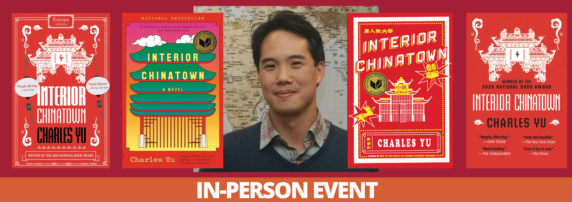 Image - Charles Yu with 4 versions of his book cover