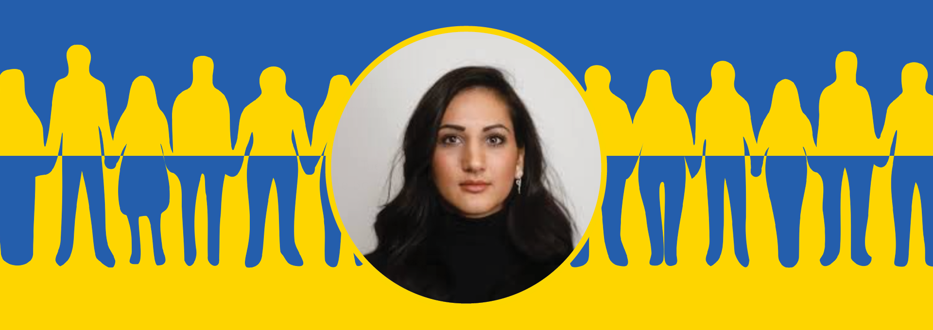 Image - Anya Zoledziowski with background of illustrated people holding hands, colors of Ukrainian flag