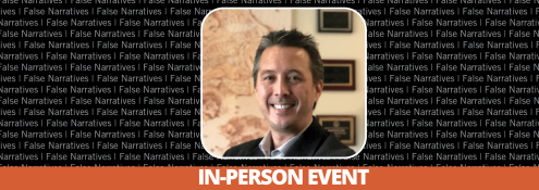 Image - Joe Pierre against background of text reading FALSE NARRATIVES