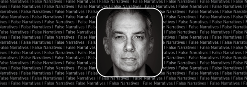 Image - Lee McIntyre against background of text reading FALSE NARRATIVES