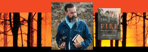 Image - the speaker, burning trees, and his book cover