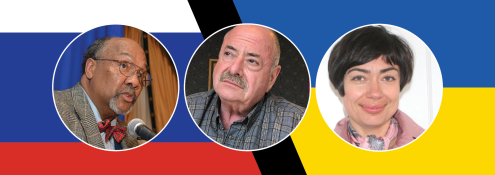 Image - the speakers and flags of Russia and Ukraine