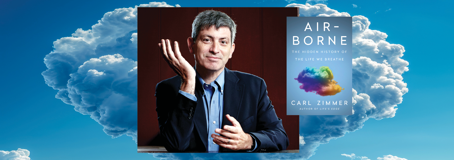 Image - the speaker, his book cover, a background of clouds