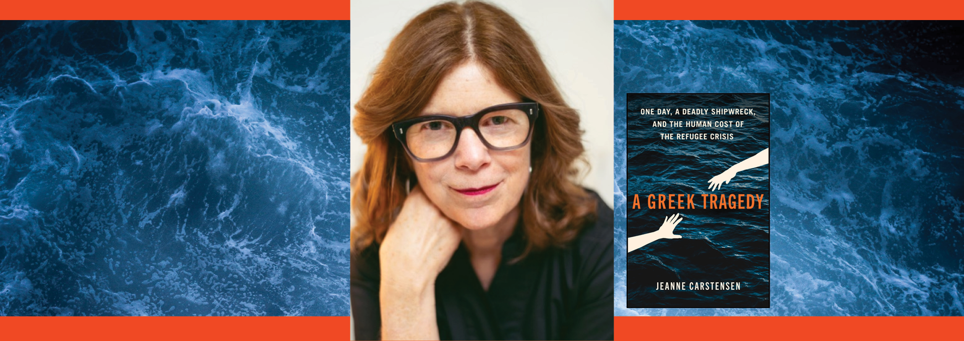 Image - the speaker, her book cover, and ocean water