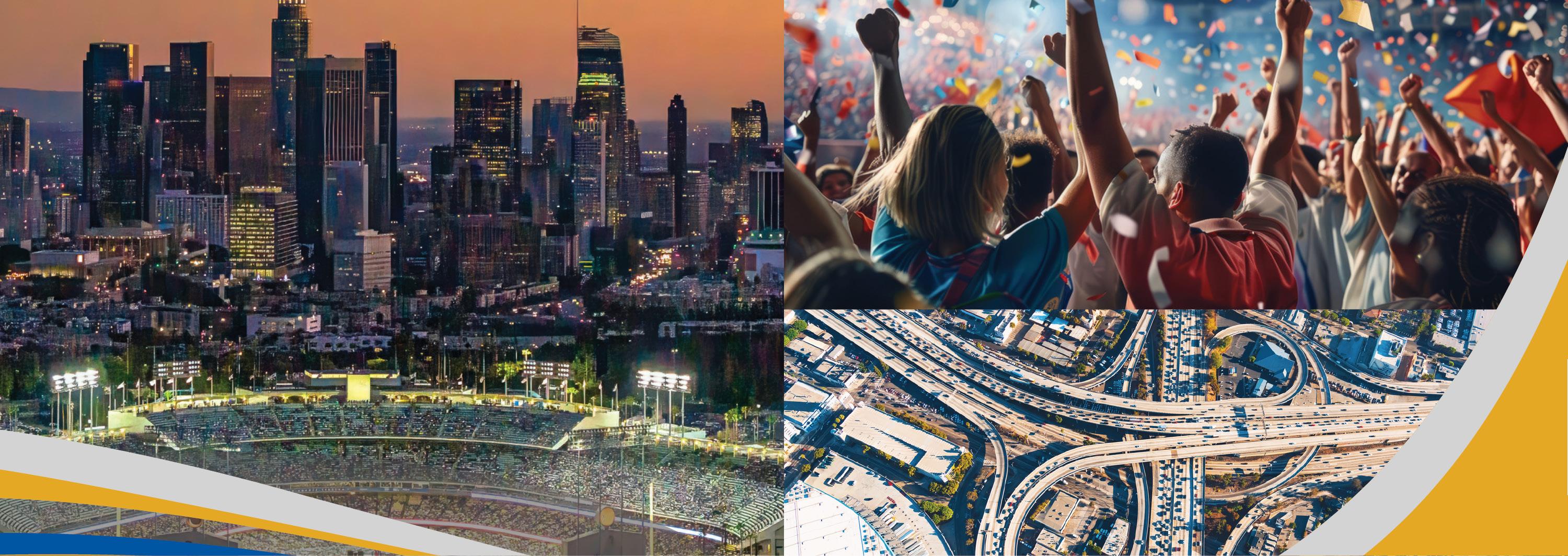 Image - city skyline, people at outdoor event, and highways