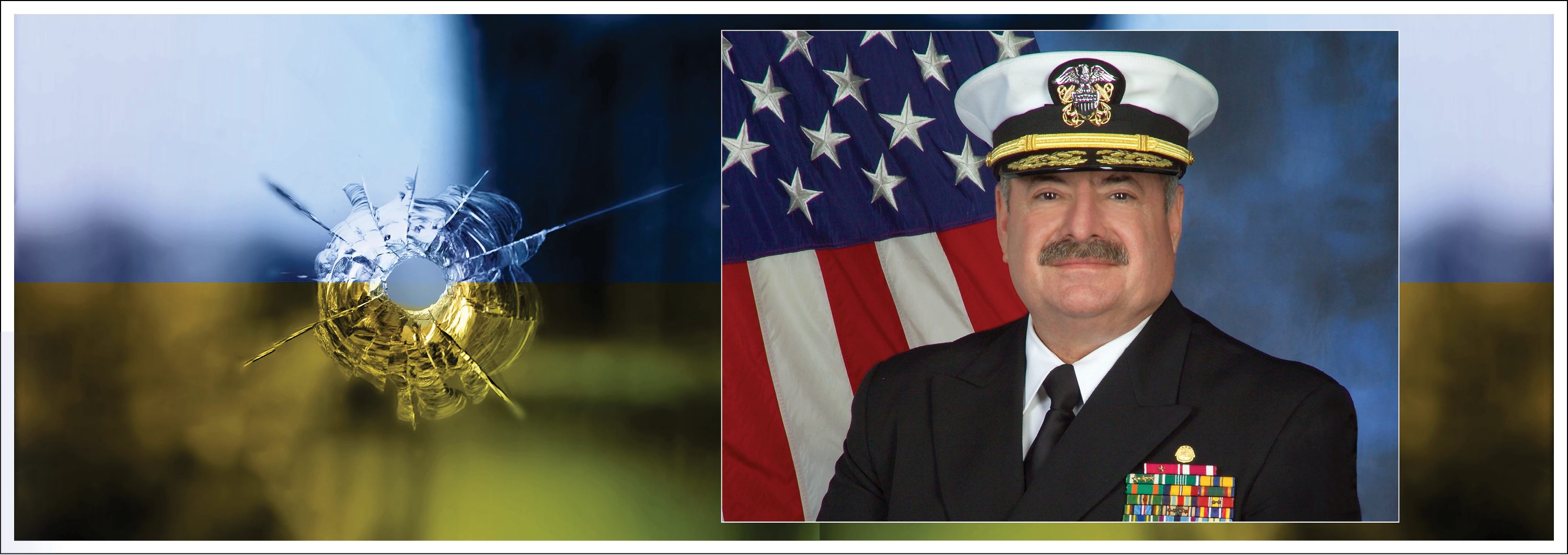 Image - the speaker and photo of bullet hole in Ukrainian flag-colored glass