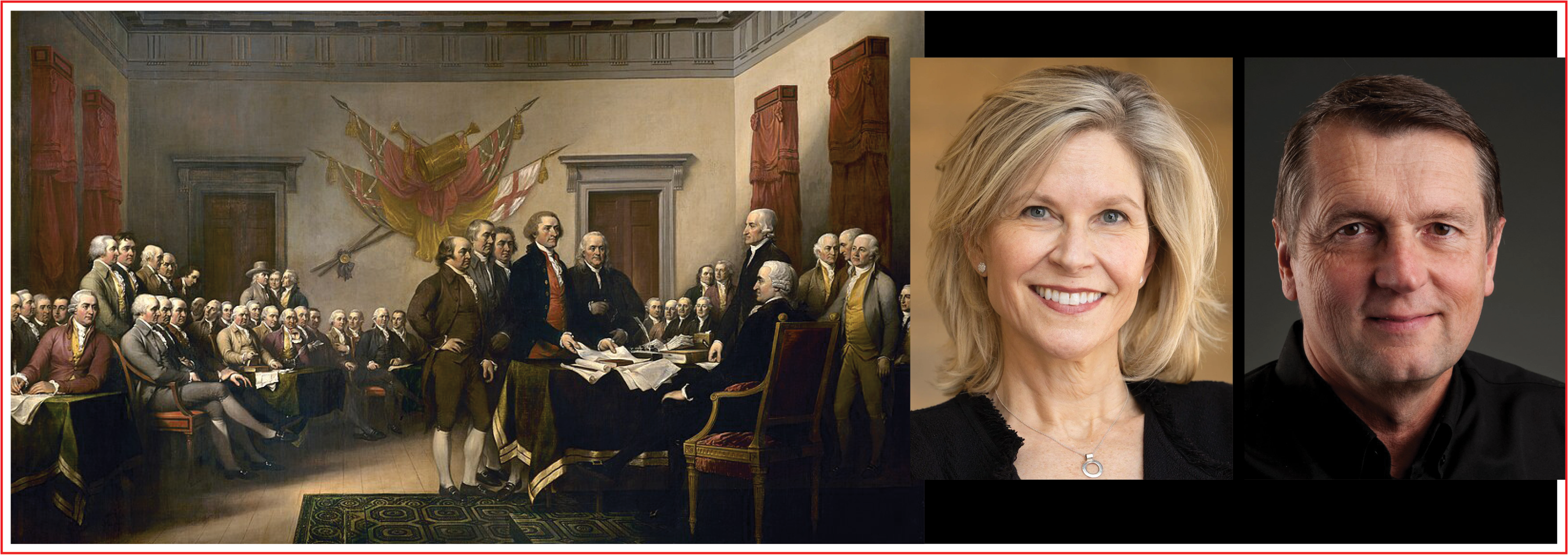 Image - the speakers plus a public domain painting of the signing of the Declaration