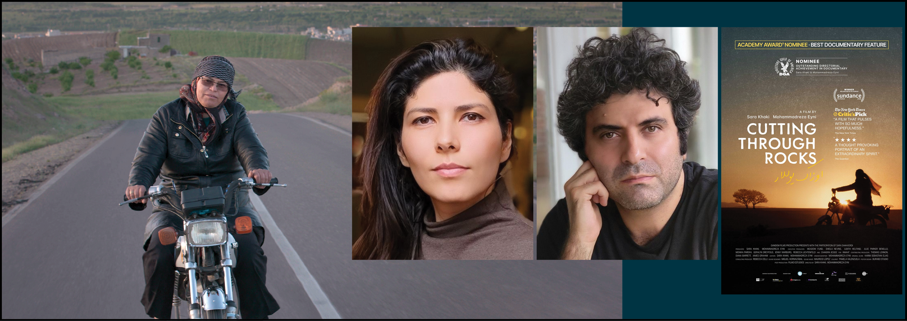 Image - the speakers, the film poster, and woman on motorcycle in Iran