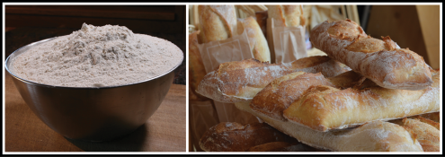 Image - flour in mixing bowl and loaves of bread
