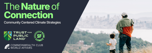 Image - two people on hill overlooking city, plus program title and details