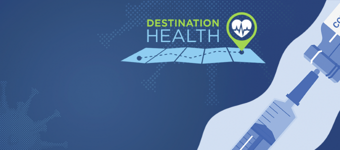 Image - Destination Health text and logo, alongside illustration of vaccination needle