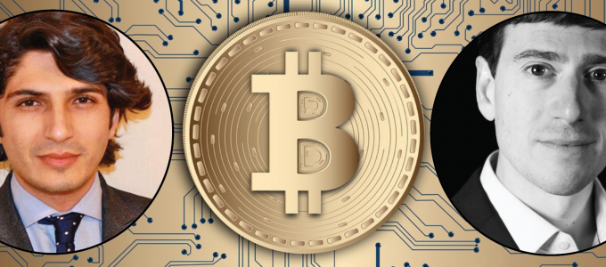 Image - Bitcoin symbol in front of computer circuitry, plus speakers faces